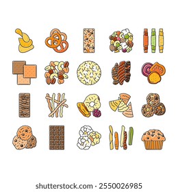 snack food drink sweet icons set vector. meal bread, lunch meat, chips, nut, cracker, rice cake, fruit slice, popcorn snack food drink sweet color line illustrations