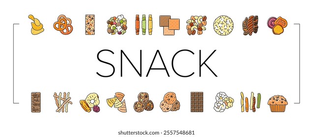 snack food drink sweet icons set vector. meal bread, lunch meat, chips, nut, cracker, rice cake, fruit slice, popcorn snack food drink sweet color line illustrations