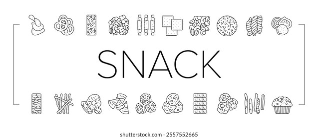 snack food drink sweet icons set vector. meal bread, lunch meat, chips, nut, cracker, rice cake, fruit slice, popcorn snack food drink sweet black contour illustrations