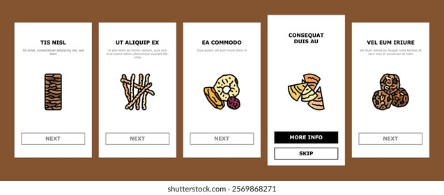 snack food drink sweet onboarding mobile vector meal bread, lunch meat, chips, nut, cracker, rice cake, fruit slice, popcorn snack food drink sweet illustrations