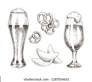 Snack food and foamy beer in glasses graphic art isolated on white background, vector illustration of chips and pretzels with pair of glassy goblets