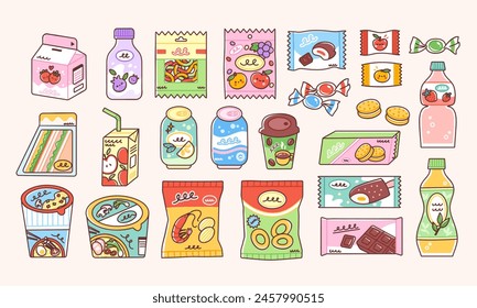 Snack food including instant ramen, bag of chips, soda cans, chocolate, ice cream, candy pack, biscuits and sweet beverages. Vector illustration of junk food in cute flat style.