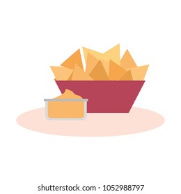 snack food nachos in bowl and sauce