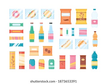 Snack Food And Soda Drink Set - Isolated Flat Beverage Bottles, Chips Bags And Chocolate Bar Packages On White Background. Vector Illustration.