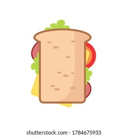Snack food  tasty sandwich with toasy bread, slices tomato, cheese, bacon, lettuce isolated on white background. Colored healthy meals storege. Vector flat illustration