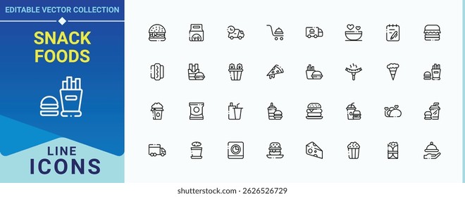 Snack Foods icon. Pack of junk food, food, beverage, unhealthy food, street and more. Fast Food icon set. Minimalist icons pack. Pixel perfect. Editable vector.