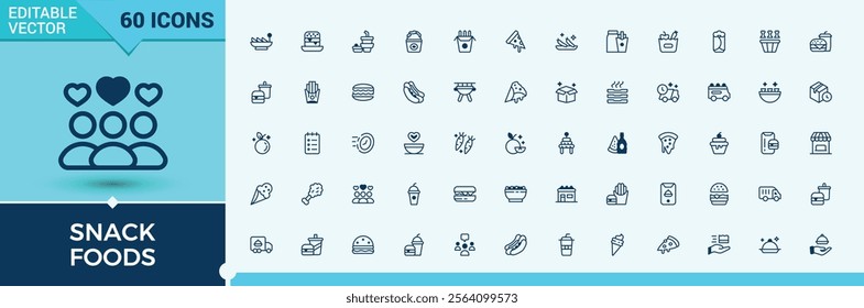 Snack Foods icon set. Containing ice, lunch, food, sausage, japanese. Perfect for logos and infographics. Solid line editable vector illustration.