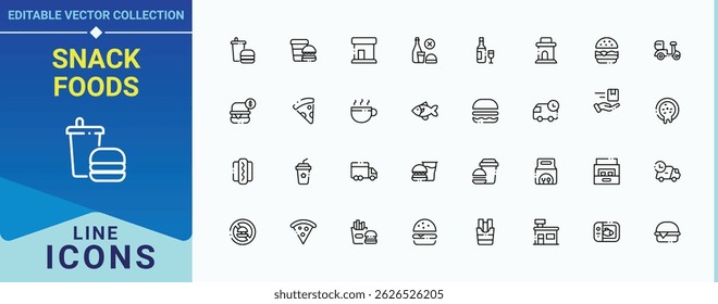 Snack Foods icon set. Contains related to food, snack, restaurant, bakery, unhealthy food, beverage and more. Fast Food line icon set. Icons for website. Vector collections.