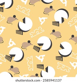 Snack Frenzy Cheese and Mice Cartoon Pattern Art. Perfect for kitchen textiles, children clothing, also ideal for those who love a cute, culinary-inspired pattern.