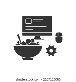 Snack glyph icon. Lunch at workplace. Tasty meal near computer screen. Business lunch concept.Filled flat sign. Isolated silhouette vector illustration