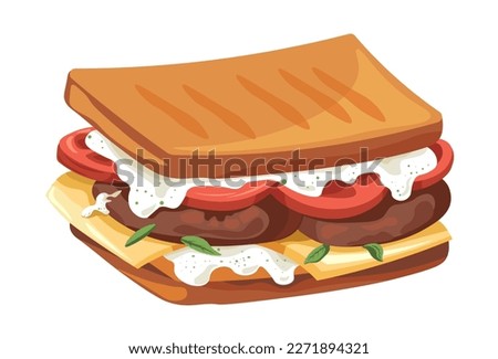 Snack with grilled bread, sauce vegetables and meat. Isolated tasty sandwich with tomatoes slices and cheese, pork or poultry. Delicious fast food or grab and go product. Vector in flat style