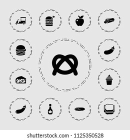 Snack icon. collection of 13 snack filled icons such as cheese, pretzel, wrap sandwich, ice cream in can, double burger with flag. editable snack icons for web and mobile.