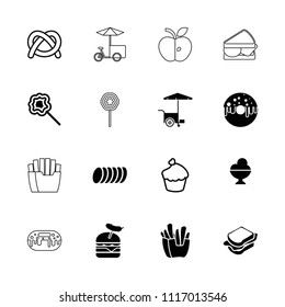 Snack icon. collection of 16 snack filled and outline icons such as french fries, sandwich, burger with sausage, fast food cart. editable snack icons for web and mobile.