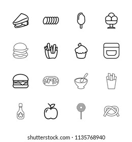 Snack icon. collection of 16 snack outline icons such as cream, french fries, sandwich, cheeseburger, muffin, cookie, apple. editable snack icons for web and mobile.