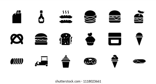 Snack icon. collection of 18 snack filled icons such as cream, chocolate, pretzel, ice cream, ice cream in can, donut. editable snack icons for web and mobile.