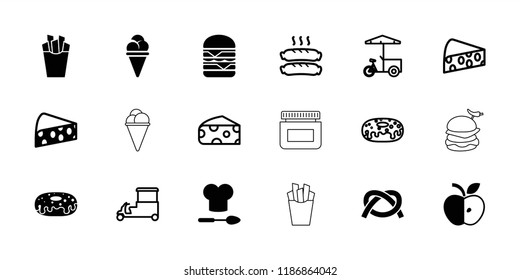 Snack icon. collection of 18 snack filled and outline icons such as donut, double burger, chef hat and spoon, cheese, fast food cart. editable snack icons for web and mobile.