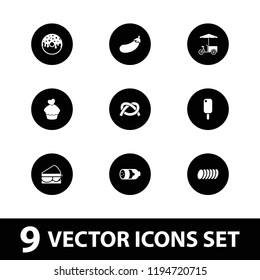 Snack icon. collection of 9 snack filled icons such as sausage, ice cream, donut, fast food cart, cookie, sandwich, pretzel. editable snack icons for web and mobile.