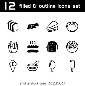 Snack icon. set of 12 snack filled and outline icons such as wrap sandwich, bread slices, sandwich, sausage, apple, porridge, french fries, donut