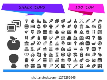  snack icon set. 120 filled snack icons. Simple modern icons about  - Chocolate, Fried chicken, Apple, Ice cream, Canteen, Syrup, Sandwich, Hot dog, Cookie, Sausage, Cake pop