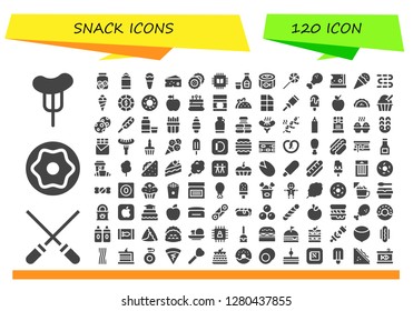  snack icon set. 120 filled snack icons. Simple modern icons about  - Sausage, Skewers, Donut, Cookies, Canteen, Ice cream, Cheese, Biscuit, Chip, Syrup, Canned food, Lollipop
