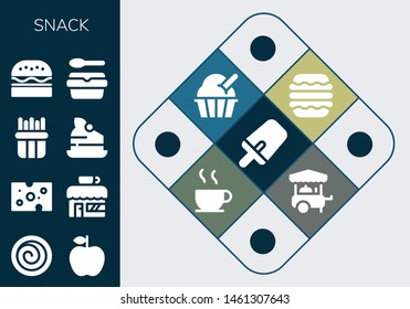 snack icon set. 13 filled snack icons.  Collection Of - Popsicle, Cinnamon roll, Apple, Cheese, Coffee shop, French fries, Cake, Burger, Lunchbox, Macaron, Ice cream, Chocolate