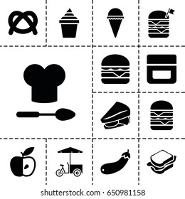 Snack Icon. Set Of 13 Filled Snackicons Such As Cream, Ice Cream, Ice Cream In Can, Sandwich, Double Burger With Flag, Double Burger, Cheeseburger, Fast Food Cart, Apple