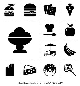 Snack icon. set of 13 filled snackicons such as cookies, donut, burger with pepper, cheeseburger, fast food cart, lollipop, ice cream, chef hat and spoon, apple, cheese