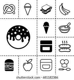 Snack icon. set of 13 filled and outline snack icons such as cream, donut, sandwich, double burger, ice cream, porridge, apple, sausage, chef hat and spoon, banana