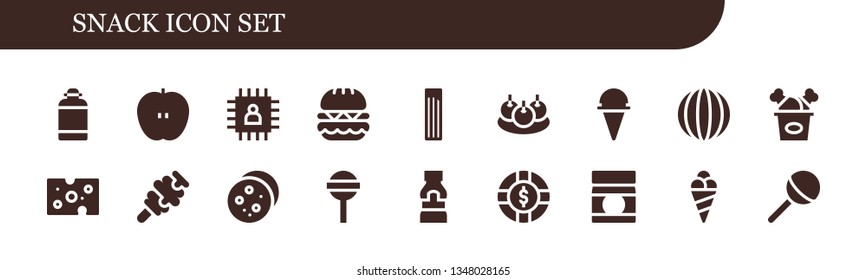 snack icon set. 18 filled snack icons.  Collection Of - Canteen, Apple, Chip, Burger, Churros, Bitterballen, Ice cream, Candy, Fried chicken, Cheese, Cookie, Lollipop, Mustard