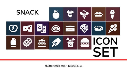 snack icon set. 19 filled snack icons.  Simple modern icons about  - Apple, Pretzel, Canteen, Biscuit, Cake, Popsicle, Fried chicken, Burger, Cheese, Chips, Gummy, Cream, Hot dog