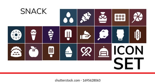 snack icon set. 19 filled snack icons. Included Candies, Doughnut, Tacos, Apple, Popsicle, Cupcake, Pretzel, Cake, Ice cream, Cream, Cotton candy, Mayonnaise, Hot dog, Canteen icons