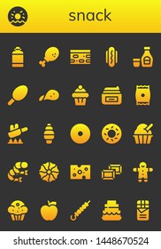 snack icon set. 26 filled snack icons.  Collection Of - Canteen, Doughnut, Chicken leg, Nougat, Hot dog, Syrup, Cotton candy, Snack, Muffin, Cream, Fry, Ice cream, Donut, Bagel