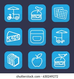 Snack icon. set of 9 outline snack icons such as cookies, cream, bread slices, burger with pepper, burger with sausage, fast food cart, apple