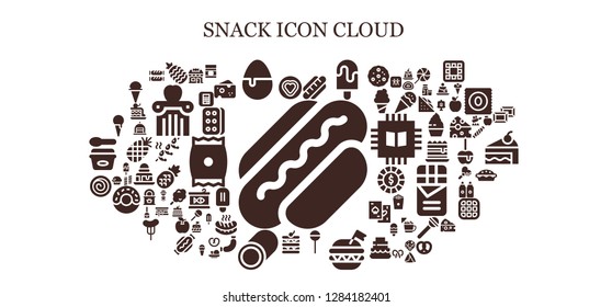  snack icon set. 93 filled snack icons. Simple modern icons about  - Hot dog, Candy, Pineapple, Popsicle, Lollipop, Burger, Waffle, Marshmallow, Cinnamon roll, Ice cream, Candy shop