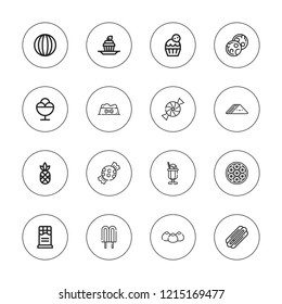 Snack icon set. collection of 16 outline snack icons with candy, chocolate, cupcake, cookies, dog food, hot dog, ice cream, pastry, pineapple, sandwich icons.