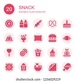 snack icon set. Collection of 20 filled snack icons included Donut, Sauces, Skewer, Pretzel, Cake, Pudding, Ice cream, Cookie, Hamburger, Croissant, Lollipop, Biscuits, Fries