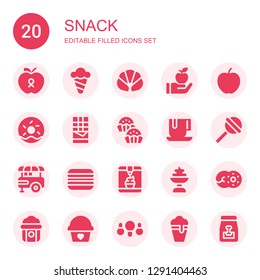 snack icon set. Collection of 20 filled snack icons included Apple, Ice cream, Croissant, Doughnut, Chocolate, Bonbon, Lollipop, Food stand, Macaron, Donut, Popcorn, Cupcake, Fried chicken