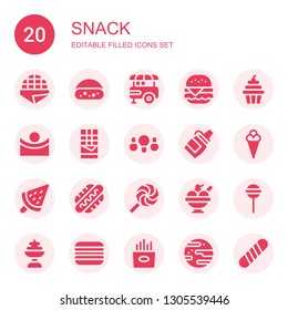 snack icon set. Collection of 20 filled snack icons included Stroopwafel, Cake, Food stand, Burger, Cupcake, Concave, Chocolate, Fried chicken, Sauce, Ice cream, Hot dog, Lollipop