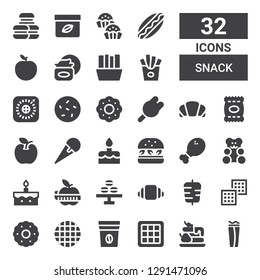 snack icon set. Collection of 32 filled snack icons included Wrap, Waffle, Coffee bag, Biscuit, Kebab, Croissant, Macaron, Apple, Cake, Gummy bear, Chicken leg, Hamburger, Ice cream