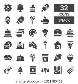 snack icon set. Collection of 32 filled snack icons included Chocolate, Fried chicken, Chips, Popsicle, Prawn, Ice cream, Coffee bag, Lollipop, Cake, Donut, Cheese, Cream, Burger