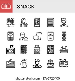 conjunto de iconos de refrigerio. Colección de Gummy, Chocolate, Almuerzo, Máquina expendedora, Bacon, Waiter, Cracker, Croissant, Nachos, Donut, Queso, Bagel, Cafetería, Candy, Ice crema de iconos