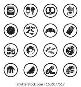 Snack Icons. Black Flat Design In Circle. Vector Illustration.