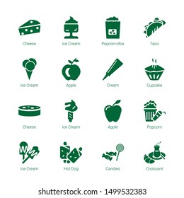 snack icons. Editable 16 snack icons. Included icons such as Cheese, Ice cream, Popcorn Box, Taco, Apple, Cream, Cupcake, Popcorn, Hot dog, Candies. snack trendy icons for web.