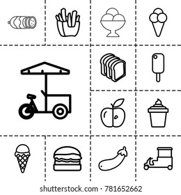 Snack icons. set of 13 editable outline snack icons such as ice cream, french fries, ice cream in can, bread slices, fast food cart, apple, aubergine, burger