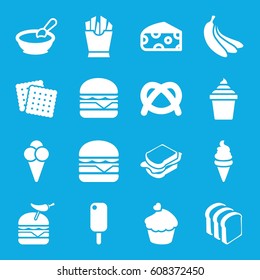 Snack icons set. set of 16 snack filled icons such as cheese, porridge, cookies, ice cream, french fries, ice cream in can, sandwich, bread slices, burger with pepper
