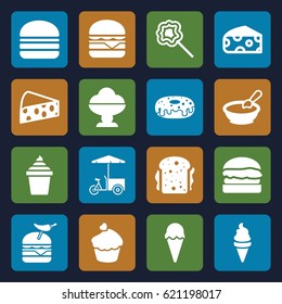 Snack icons set. set of 16 snack filled icons such as cheese, porridge, ice cream, ice cream in can, donut, burger with pepper, cheeseburger, sandwich, burger, fast food cart
