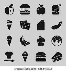 Snack icons set. set of 16 snack filled icons such as cookies, ice cream, donut, sandwich, double burger with flag, cheeseburger, apple, aubergine, muffin, burger