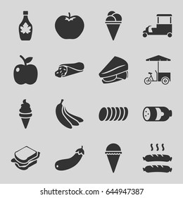 Snack icons set. set of 16 snack filled icons such as sausage, apple, wrap sandwich, ice cream, sandwich, maple syrup, fast food cart, aubergine, cookie