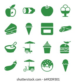 Snack icons set. set of 16 snack filled icons such as sausage, apple, porridge, cream, wrap sandwich, ice cream, ice cream in can, donut, sandwich, burger with pepper