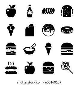 Snack icons set. set of 16 snack filled icons such as porridge, donut, maple syrup, cheeseburger, double burger, sandwich, lollipop, apple, sausage, ice cream, cookie